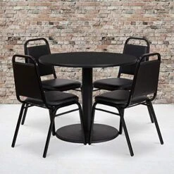 Flash Furniture 36'' Round Natural Laminate Table Set With Round Base And 4 Black Trapezoidal Back Banquet Chairs -Safavieh Furniture 51 Ciwhb27L. AC