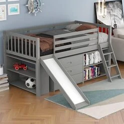 Harper & Bright Designs Kids Loft Bed With Slide, Twin Size Wooden Low Loft Bed Frame With Two Storage Boxes For Boys & Girls, Natrual -Safavieh Furniture 51 E3HqGfcL. AC