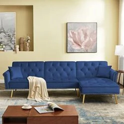 NOSGA Sectional Sleeper Sofa Couch Bed, Velvet L-Shaped Convertible Tufted Couch With Chaise Lounge, Rolled Arm Upholstered Nailhead Chesterfield Sofa With Movable Ottoman For Living Room(Grey) -Safavieh Furniture 51 FUH1oHjL. AC