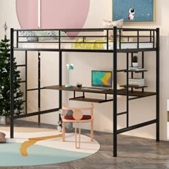 Harper & Bright Designs Full Size Loft Bed With Desk, Heavy Duty Metal Loft Bed Full With Shelves, Full Loft Bed Frame For Kids,Teens, No Box Spring Needed,Silver -Safavieh Furniture 51 Qa6JFxAL. AC
