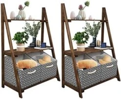 Babion White Ladder Shelf, 3 Tier Ladder Bookshelf With 2 Baskets，Wood Rustic Ladder Bookshelf, Freestanding Storage Organizer Rack, Indoor Plant Stand, Ladder Shelves For Home, 2PCS,White -Safavieh Furniture 51 mIa6W jL. AC