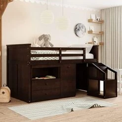 Twin Loft Bed With Stairs, Kids Low Loft Bed With Desk And Storage, Girls Boys Loft Bed Twin Size, Grey -Safavieh Furniture 51 vTMjH4xL. AC