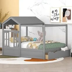 DEINPPA Twin Size House Bed With Drawer, House Platform Bed With Roof And Window, Cute Montessori Bed For Toddlers Kids Boys Girls -Safavieh Furniture 5104SzlEreL. AC 1