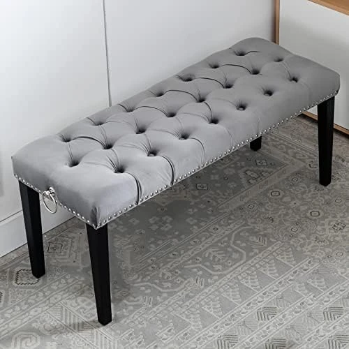 HEAH-YO Modern Indoor Bench, 18” Seat Height Entryway Bench With PU Leather Strap And Metal Legs, Linen Footstool And Ottoman For Living Room Bedroom, Gray 8 HEAH-YO Modern Indoor Bench, 18” Seat Height Entryway Bench With PU Leather Strap And Metal Legs, Linen Footstool And Ottoman For Living Room Bedroom, Gray - Image 8