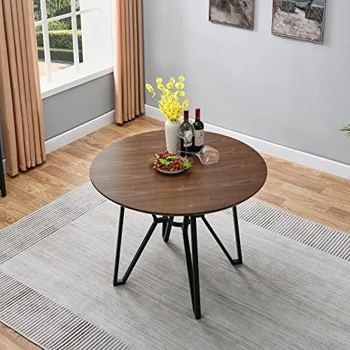 JESONVID Round Industrial Wood Dining Room Table For 4 Person 42in Mid Century Kitchen Dining Table With Black Metal Frame And Metal Eedge, Antique Brown+Black 201242RC 7 JESONVID Round Industrial Wood Dining Room Table For 4 Person 42in Mid Century Kitchen Dining Table With Black Metal Frame And Metal Eedge, Antique Brown+Black 201242RC - Image 7