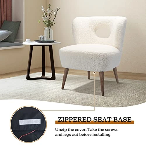 TINA'S HOME Modern Sherpa Accent Chair With Open Back & Wooden Legs, Upholstered Lamb Fleece Armless Slipper Chair, Comfy Faux Fur Cute Vanity Chair For Living Room Bedroom Office Makeup Room, Ivory 5 TINA'S HOME Modern Sherpa Accent Chair With Open Back & Wooden Legs, Upholstered Lamb Fleece Armless Slipper Chair, Comfy Faux Fur Cute Vanity Chair For Living Room Bedroom Office Makeup Room, Ivory - Image 5