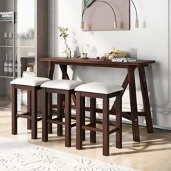 Merax 4-Piece Bar Table Set With USB Port And 3 Fabric Padded Stools W/Footrest, Rustic Bar Dining Set -Safavieh Furniture 510WGaJbKtL. AC