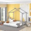 MERITLINE Twin House Bed Montessori Floor Bed Frame Wood Extendable House Bed For 2 Kids Boys Girls, Grey