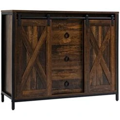 HOMCOM Industrial Farmhouse Buffet Cabinet, Kitchen Sideboard With Sliding Barn Doors, Three Drawers And Adjustable Shelves For Living Room, Rustic Brown