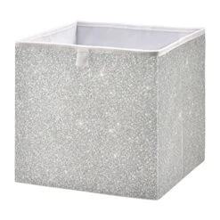 Silver White Glitter Pattern Round Storage Organizer Canvas Collapsible Box Chest Organizer For Edroom Closet Kid's Toys Laundry 11x11x11 Inch