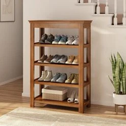 Bamworld Entryway Bench 5 Tier Wooden Storage Benches Rustic Solid Wood Shoe Rack (X-Brown,23.6") -Safavieh Furniture 510q9TEPVeL