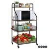 4 Tier Rolling Kitchen Bakers Rack With Storage 5 S Hooks, Kitchen Rolling Utility Cart With Shelves Wire Basket, Kitchen Serving Bar Cart, Microwave Oven Stand Fruit Vegetable Spice Organizer Rack