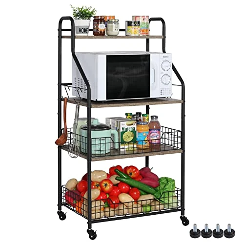 4 Tier Rolling Kitchen Bakers Rack With Storage 5 S Hooks, Kitchen Rolling Utility Cart With Shelves Wire Basket, Kitchen Serving Bar Cart, Microwave Oven Stand Fruit Vegetable Spice Organizer Rack 1 4 Tier Rolling Kitchen Bakers Rack With Storage 5 S Hooks, Kitchen Rolling Utility Cart With Shelves Wire Basket, Kitchen Serving Bar Cart, Microwave Oven Stand Fruit Vegetable Spice Organizer Rack