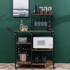 WAYTRIM Kitchen Baker's Rack With Wheels, Utility Storage Kitchen Shelf, 4+3 Tier Microwave Stand Cart With Wire Basket, Wine Glass Rack, Retro Brown Vintage Microwave Stand With Handle, 54in Length -Safavieh Furniture 510tFZgeCaL