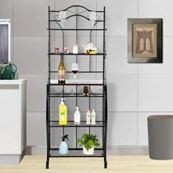 Vasitelan Multiuse 5-Tier Metal Kitchen Bakers Rack , Microwave Storage Rack Oven Stand With Wine Storage Organizer Workstation Black -Safavieh Furniture 510woTFUasL