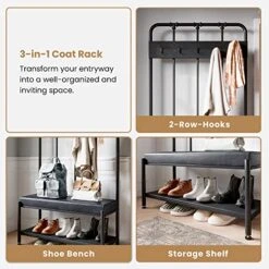 SHA CERLIN Hall Tree With Coat Rack Shoe Bench, 76'' Entryway Bench With Storage Shelf, Industrial Mudroom Furniture, 5x2 Hooks, Upholstered Sponge-Padded Seat, Steel Frame, Black Finished -Safavieh Furniture 510zSTpNvQL
