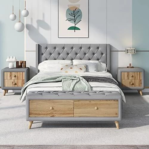 Queen Bedroom Set 4-Pieces, Wooden Bedroom Furniture Sets With Queen Size Upholstered Platform Bed,2 Nightstands And 1 Storage Bench For Kids Teens Adults Bedroom, Green 12 Queen Bedroom Set 4-Pieces, Wooden Bedroom Furniture Sets With Queen Size Upholstered Platform Bed,2 Nightstands And 1 Storage Bench For Kids Teens Adults Bedroom, Green - Image 12