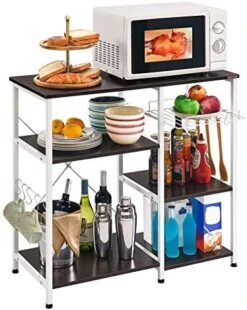 Mr IRONSTONE Bakers Rack, 35.5" Coffee Bar, 10 Hooks Microwave Stand With Wire Basket, 3-Tier Kitchen Storage Shelf, Kitchen Stand For Spice Rack Organizer Workstation, White Oak -Safavieh Furniture 5115H5EEiiL. AC