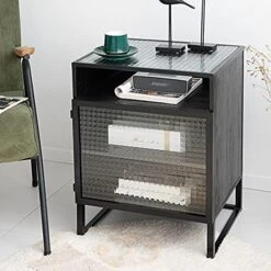 FURUIWUFENG Nightstand Bedside Tables With 3 Storage, Nightstand Pull The Glass Cabinet Door MDF Board End Table For Bedroom Living Room End Table (Color : Black, Size : Door Left) -Safavieh Furniture 5118ycvJ5fS