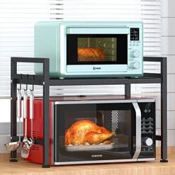 PUSDON Microwave Oven Rack, Adjustable Shelf With Hooks & 100lbs Capacity, 2-Tier Organizer For Kitchen Counter In Black-Microparticles