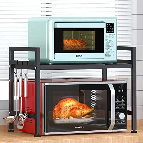 PUSDON Microwave Oven Rack, Adjustable Shelf With Hooks & 100lbs Capacity, 2-Tier Organizer For Kitchen Counter In Black-Microparticles 7 PUSDON Microwave Oven Rack, Adjustable Shelf With Hooks & 100lbs Capacity, 2-Tier Organizer For Kitchen Counter In Black-Microparticles - Image 7