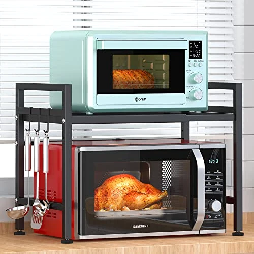 PUSDON Microwave Oven Rack, Adjustable Shelf With Hooks & 100lbs Capacity, 2-Tier Organizer For Kitchen Counter In Black-Microparticles 1 PUSDON Microwave Oven Rack, Adjustable Shelf With Hooks & 100lbs Capacity, 2-Tier Organizer For Kitchen Counter In Black-Microparticles