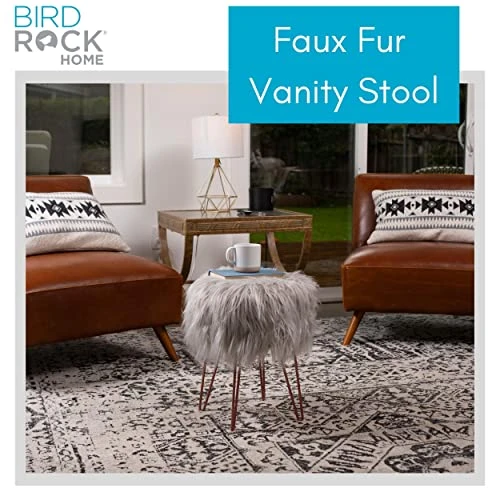 BIRDROCK HOME Silver Faux Fur Vanity Stool Chair - Soft Furry Compact Padded Seat - Vanity, Living Room, Bedroom And Kids Room Chairs - Hair Pin Metal Legs Upholstered Decorative Furniture Foot Rest 2 BIRDROCK HOME Silver Faux Fur Vanity Stool Chair - Soft Furry Compact Padded Seat - Vanity, Living Room, Bedroom And Kids Room Chairs - Hair Pin Metal Legs Upholstered Decorative Furniture Foot Rest - Image 2