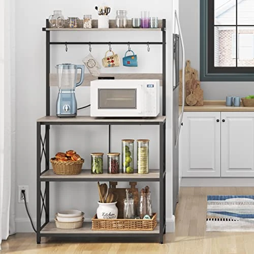 Yaheetech Kitchen Bakers Rack With Power Outlet, 36.5" W Microwave Oven Stand Kitchen Storage Rack With Hooks For Dining Room, Kitchen Organizer Shelves For Spices, Pots And Pans, Gray 2 Yaheetech Kitchen Bakers Rack With Power Outlet, 36.5" W Microwave Oven Stand Kitchen Storage Rack With Hooks For Dining Room, Kitchen Organizer Shelves For Spices, Pots And Pans, Gray - Image 2