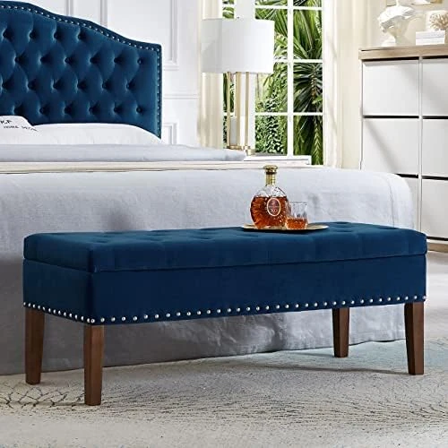 24KF Large Round Upholstered Tufted Linen Ottoman Coffee Table, Large Footrest Ottoman With Wood Shelf Storage- Navy Blue 4 24KF Large Round Upholstered Tufted Linen Ottoman Coffee Table, Large Footrest Ottoman With Wood Shelf Storage- Navy Blue - Image 4