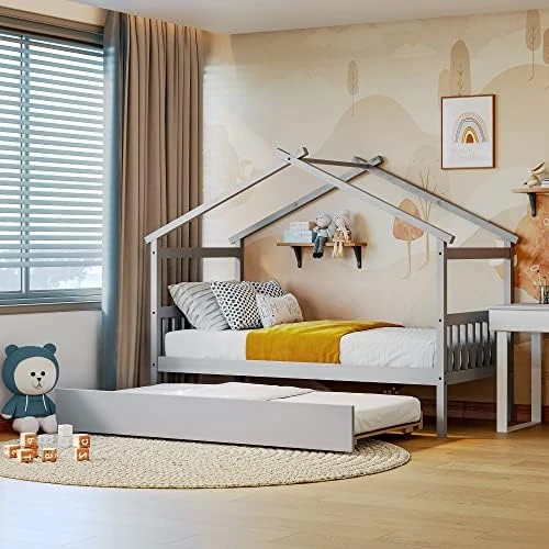 Full Size House Bed With 2 Storage Drawers Wooden Kids Montessori House Bed Frame Wood Playhouse Tent Bed For Girls Boys Teens, Natural 11 Full Size House Bed With 2 Storage Drawers Wooden Kids Montessori House Bed Frame Wood Playhouse Tent Bed For Girls Boys Teens, Natural - Image 11