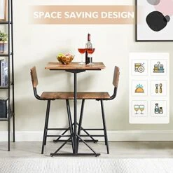 VECELO Dining Table Set For 2, Wooden Square Counter Height Dinette With 2 Bar Stools, For Kitchen Breakfast Nook, Living Room, Small Space, Rustic Brown
