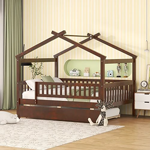 DEINPPA Full House Bed With Trundle, Kids Bed With Fence Guardrails, Wood Bed Frame, Decorative Roof Designs, No Box Spring Needed, For Boys Girls Toddler Kids-Walnut 2 DEINPPA Full House Bed With Trundle, Kids Bed With Fence Guardrails, Wood Bed Frame, Decorative Roof Designs, No Box Spring Needed, For Boys Girls Toddler Kids-Walnut - Image 2