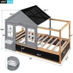 HZSSDTKJ Twin House Shaped Canopy Bed With Black Roof And White Window,Blackboard And Little Shelf,Can Be Decorated For Kids Teen Girls Boys Bedroom Furniture (Gray)