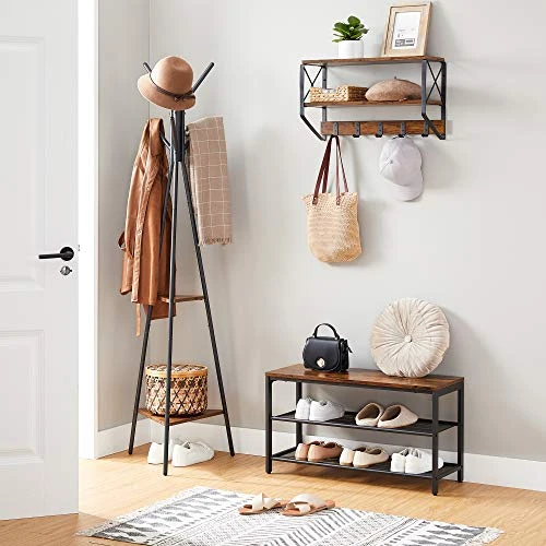 VASAGLE Coat Rack Freestanding, Coat Hanger Stand, Hall Tree With 2 Shelves, For Clothes, Hat, Bag, Industrial Style, Rustic Brown And Black URCR16BX 2 VASAGLE Coat Rack Freestanding, Coat Hanger Stand, Hall Tree With 2 Shelves, For Clothes, Hat, Bag, Industrial Style, Rustic Brown And Black URCR16BX - Image 2