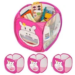 Smart Design Kids Pop Up Organizer With Animal Print - Set Of 4 - VentilAir Mesh Netting - For Toddlers, Baby Clothes, Plushies, And Toys - Home Organization - Cube - 10.5 X 11 Inch - Pink Hippo