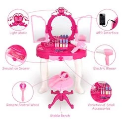 Vanity Set For Little Girls, Kids Vanity Table And Chair Set Princess Makeup Dressing Table With Drawer Folding With Mirror And Stool Beauty Makeup Vanity Kitchen Set For Toddlers, Pink -Safavieh Furniture 5123o4NDmgL