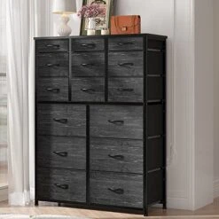 EnHomee Dresser For Bedroom With 15 Drawers, Tall Dressers For Bedroom With Heavy Duty Wood And Metal, Large Bedroom Dressers & Chest Of Drawers For Bedroom, Closets, Living Room, Black Wood Grain