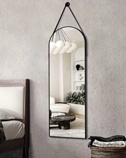 Otlsh 16"x48" Arched Mirror, Wall Mirror, Hanging Mirrors With Leather Strap, Full Length Mirror, Wall Mounted Arch Mirror, For Living Room, Bathroom, Bedroom, Entryway -Black