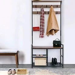 HOMEKOKO Coat Rack Shoe Bench, Hall Tree Entryway Bench With Storage, Wood Look Accent Furniture With Metal Frame, 3-in-1 Design (Dark Brown) -Safavieh Furniture 512H1DzAqQL