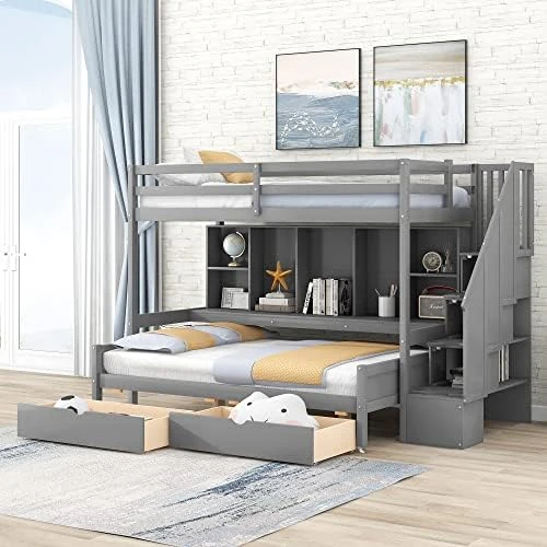 Harper & Bright Designs Twin XL Over Full Bunk Bed Frame With Built-in Storage Shelves For Kids Boys Girls, Drawers And Staircase,Gray 7 Harper & Bright Designs Twin XL Over Full Bunk Bed Frame With Built-in Storage Shelves For Kids Boys Girls, Drawers And Staircase,Gray - Image 7