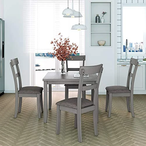 5 Piece Dining Table Set, Wooden Kitchen Dining Table Set With Square Table And 4 Upholstered Chairs For Kitchen, Dining Room, Family And Apartment (Light Gray+4 Person) 1 5 Piece Dining Table Set, Wooden Kitchen Dining Table Set With Square Table And 4 Upholstered Chairs For Kitchen, Dining Room, Family And Apartment (Light Gray+4 Person)