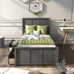 MERITLINE Twin Bed Frames With Headboard, Wood Twin Bed With Storage Drawers Under Bed, Twin Size Platform Bed For Boys And Girls, Grey -Safavieh Furniture 512NUouxw2L