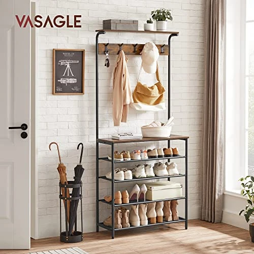 VASAGLE Hall Tree With Shoe Bench, Coat Rack Shoe Bench, 5-Tier Shoe Rack Different Heights, 5 Dual Hooks, Top Shelf, Entryway Organizer, Hallway Bedroom Dorm, Rustic Brown And Black UHSR408B01 3 VASAGLE Hall Tree With Shoe Bench, Coat Rack Shoe Bench, 5-Tier Shoe Rack Different Heights, 5 Dual Hooks, Top Shelf, Entryway Organizer, Hallway Bedroom Dorm, Rustic Brown And Black UHSR408B01 - Image 3