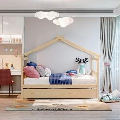 SOFTSEA Twin House Bed With Trundle Twin Platform Bed Frame With Roof For Boys And Girls -Safavieh Furniture 512YAvmHI9L. AC