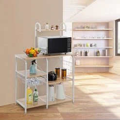 VINGLI Standing Baker's Rack 35.5 Inch Industrial Workstation Organizer Utility Storage Shelf 3-Tier+4-Tier Microwave Oven Stand Kitchen Baker's Rack With Metal Frame Spices Rack With 10 S-Hooks -Safavieh Furniture 512mhHmr5wS