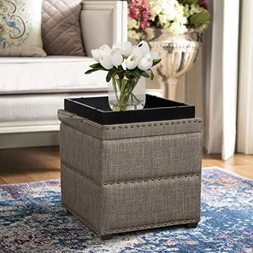 Edeco Modern Nailhead Storage Ottoman With Tray Top Square Script Ottoman Space-Saving Coffee Table, Grey 5 Edeco Modern Nailhead Storage Ottoman With Tray Top Square Script Ottoman Space-Saving Coffee Table, Grey - Image 5