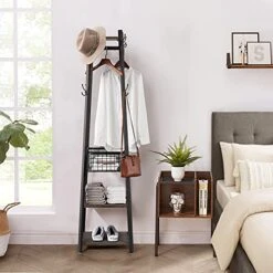 VECELO Coat Rack Freestanding, Entryway Clothes Stand With Metal Basket And 2 Shelves, Upgrade Hall Trees With 8 Dual Hooks For Bags, Hats, And Umbrellas, Industrial Styles, Vintage Brown+ Black -Safavieh Furniture 512vbGkTRcS