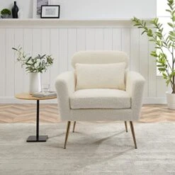 Mikibama Mid Century Modern Accent Chair Upholstered Reading Chair Armchair With Metal Legs And Throw Pillow Side Chair For Living Room Bedroom Office (Ivory,Teddy Fabric)