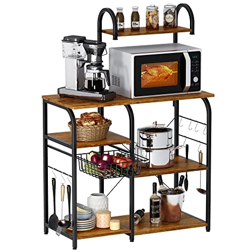 Mr IRONSTONE Bakers Rack Microwave Stand Kitchen Cart 35.5" Microwave Cart 3-Tier+4-Tier Kitchen Shelves For Spice Rack Organizer Coffee Station With 10 Hooks, Easy To Assemble (Vintage) 1 Mr IRONSTONE Bakers Rack Microwave Stand Kitchen Cart 35.5" Microwave Cart 3-Tier+4-Tier Kitchen Shelves For Spice Rack Organizer Coffee Station With 10 Hooks, Easy To Assemble (Vintage)