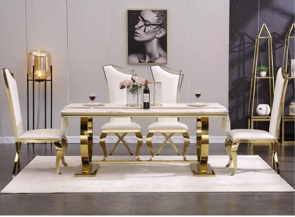 ACEDÉCOR 7 Piece Dining Table Set, Gold Kitchen And Dining Room Sets For 6, Metal Circling Base Dining Table In White Gold, White Leather Upholstered Dining Chairs With Gold Stainless Steel Legs 14 ACEDÉCOR 7 Piece Dining Table Set, Gold Kitchen And Dining Room Sets For 6, Metal Circling Base Dining Table In White Gold, White Leather Upholstered Dining Chairs With Gold Stainless Steel Legs - Image 14